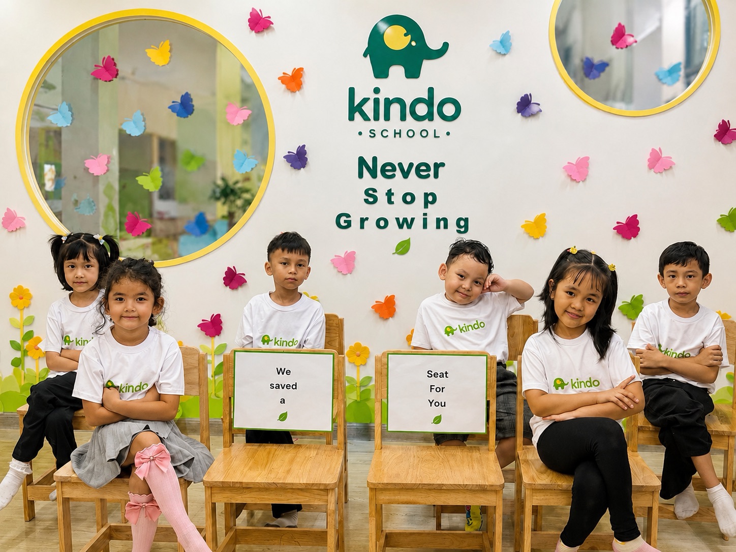 Kindo School children sitting together with 'We saved a Seat For You' signs